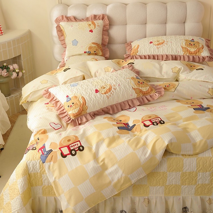 91家纺网 家纺一手货源 找家纺 美达家纺2025新款全棉蕾丝边单床盖四件套 黄油小熊