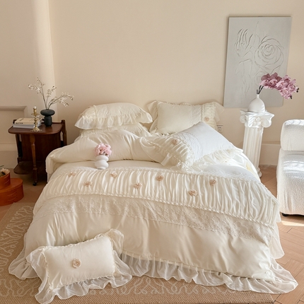 吾欢心2025新款花田里糯小棉立体定制花朵定制蕾丝花边四件套 花田里白