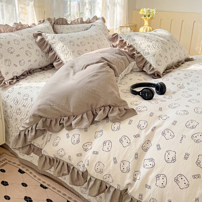 91家纺网 家纺一手货源 找家纺 纽缦家纺2025新款云感提花双层纱床盖韩版四件套 猫咪恋人