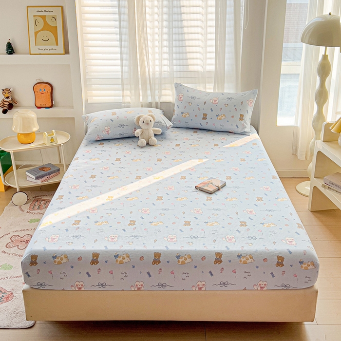 91家纺网 家纺一手货源 找家纺 纽缦家纺 2025新款云感提花双层纱床笠 小猫时光蓝