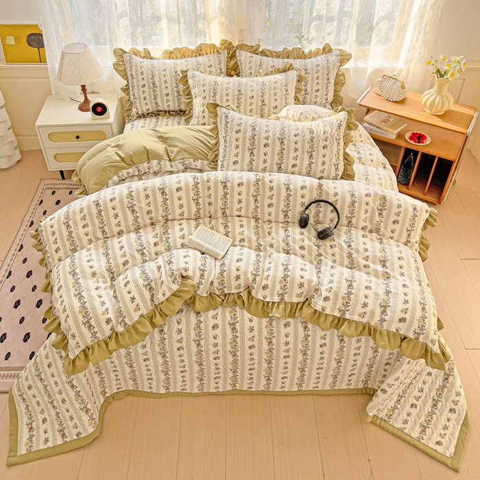 91家纺网 家纺一手货源 找家纺 纽缦家纺2025新款云感提花双层纱床盖韩版四件套 玫瑰哒