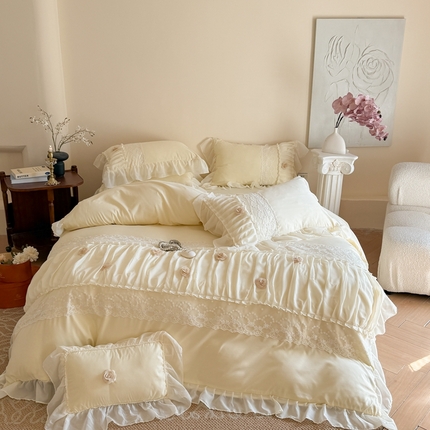 吾欢心2025新款花田里糯小棉立体定制花朵定制蕾丝花边四件套 花田里黄