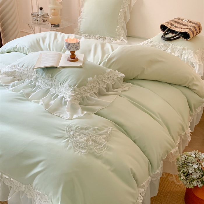 91家纺网 家纺一手货源 找家纺 吾欢心2025新款糯小棉立体蝴蝶花边套件-蝶恋花系列 蝶恋花绿