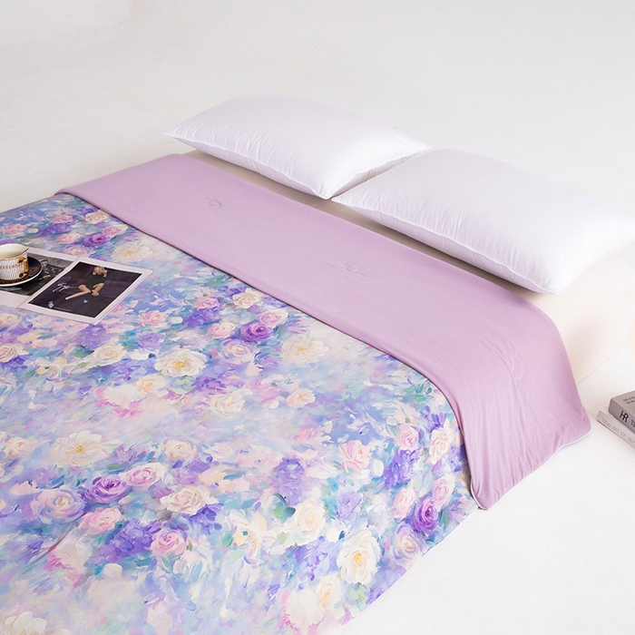 91家纺网 家纺一手货源 找家纺 睡棉坊2025新款数码印花高克重凉感丝夏凉被呱呱被10%大豆纤维填充带质检报告 迷香紫