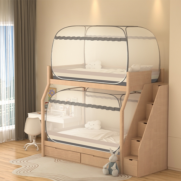 91家纺网 家纺一手货源 找家纺 青竹苑2025新款大顶学生蒙古包子母床魔术蚊帐 条纹灰单门