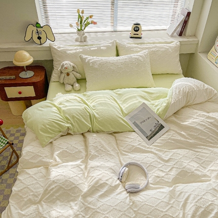 麒东家纺  2025年新款水洗棉春夏菱形格双拼小清新高品质四件套 菱形格-白绿