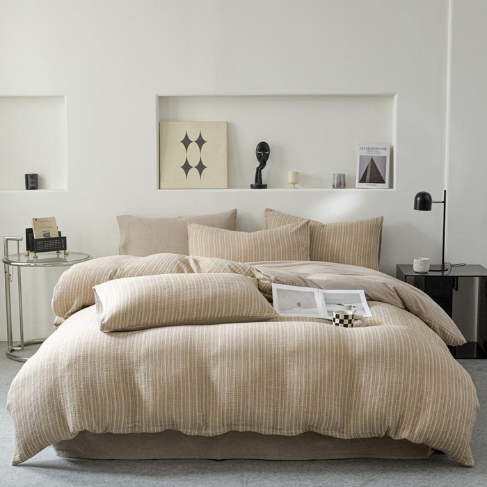 91家纺网 家纺一手货源 找家纺 AB家纺 2025新款三层款皱皱纱条纹四件套 小半-松果褐