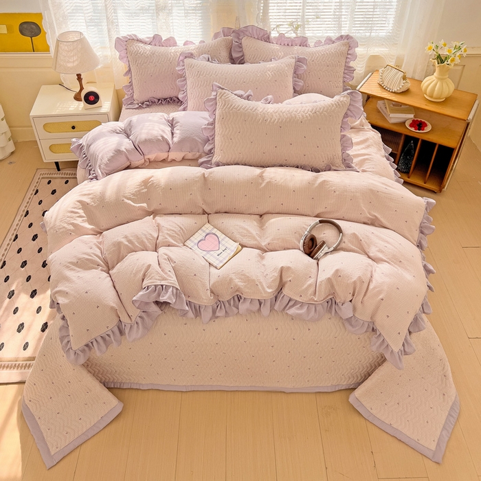 91家纺网 家纺一手货源 找家纺 纽缦家纺2025新款云感提花双层纱床盖韩版四件套 倾心紫