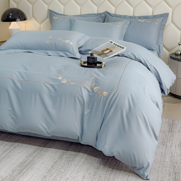 91家纺网 家纺一手货源 找家纺 U品汇  2025新款纯棉全棉长绒棉刺绣绣花高端礼盒四件套-叶夕 花晨叶夕-云水蓝