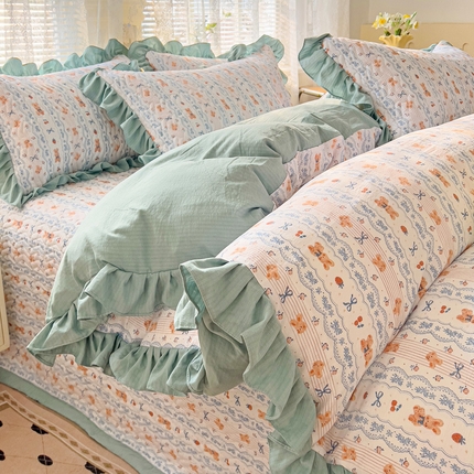 91家纺网 家纺一手货源 找家纺 （总）纽缦家纺2025新款云感提花双层纱床盖韩版四件套