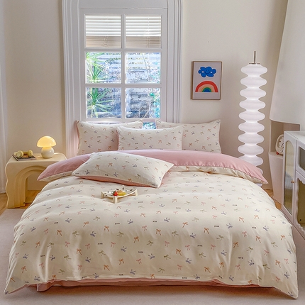 91家纺网 家纺一手货源 找家纺 富缦庭2025新款A类针织双层纱四件套彩色蝴蝶结