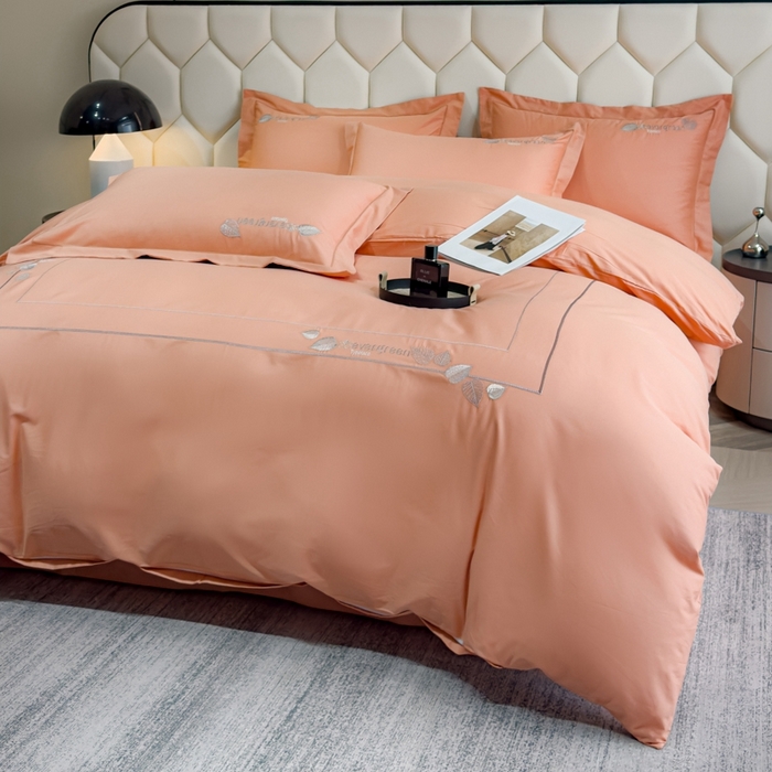 91家纺网 家纺一手货源 找家纺 U品汇  2025新款纯棉全棉长绒棉刺绣绣花高端礼盒四件套-叶夕 花晨叶夕-西柚色