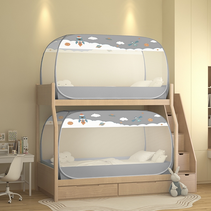 91家纺网 家纺一手货源 找家纺 青竹苑2025新款大顶学生蒙古包子母床魔术蚊帐 太空灰