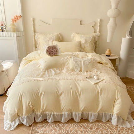 91家纺网 家纺一手货源 找家纺 吾欢心2025新款糯小棉立体蝴蝶刺绣花边套件 蝴蝶仙子黄