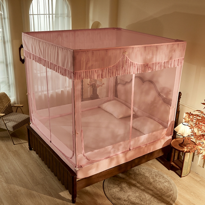 91家纺网 家纺一手货源 找家纺 青竹苑2025新款花边款床笠底防摔坐床蚊帐-雅致 雅致-樱花粉