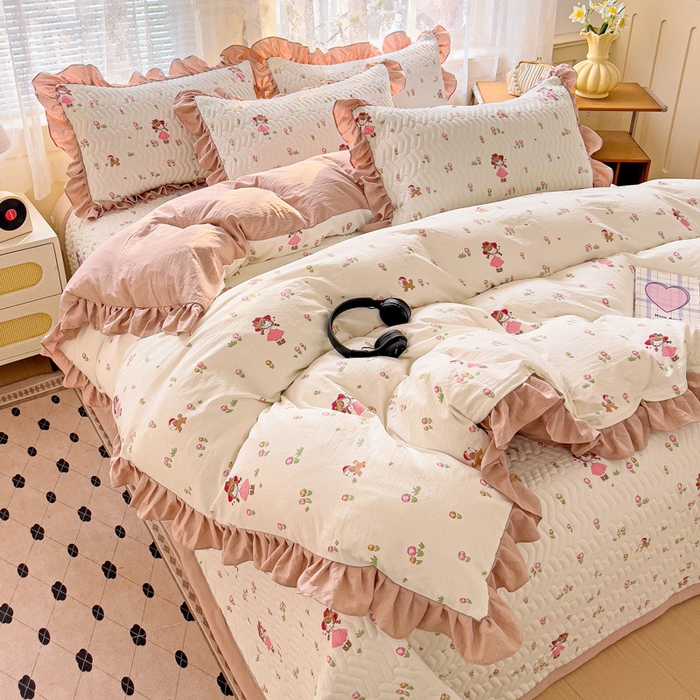 91家纺网 家纺一手货源 找家纺 纽缦家纺2025新款云感提花双层纱床盖韩版四件套 蜜糖之恋