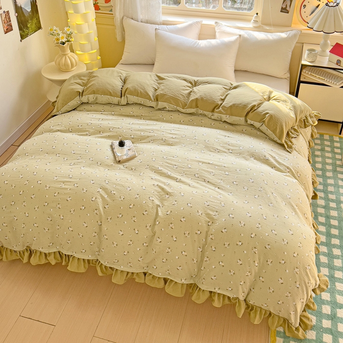 91家纺网 家纺一手货源 找家纺 纽缦家纺 2025新款云感提花双层纱韩版被套 日落暮年绿