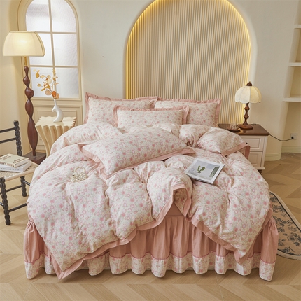 91家纺网 家纺一手货源 找家纺 缦彩 【加微信送买家秀】2025新款母婴级双层纱宽边床单四件套 怦然心动