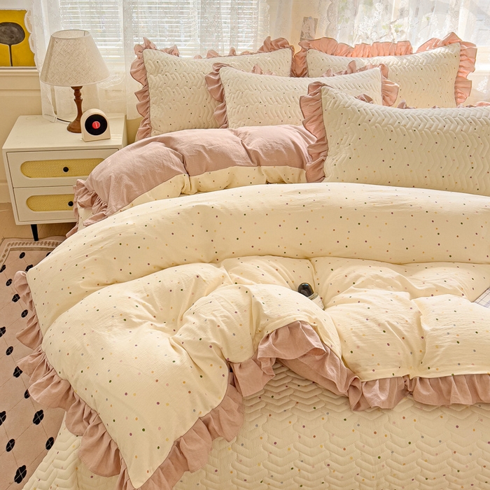 91家纺网 家纺一手货源 找家纺 纽缦家纺2025新款云感提花双层纱床盖韩版四件套 波点世界