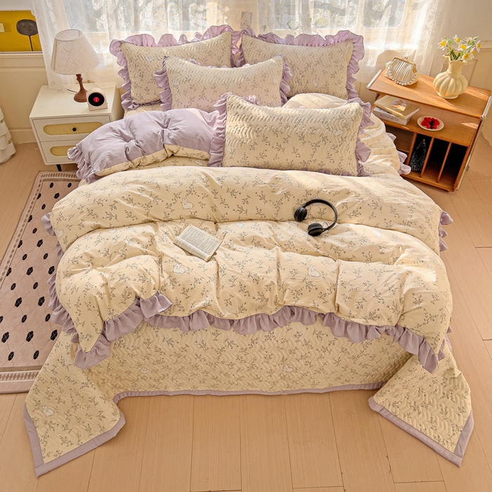 91家纺网 家纺一手货源 找家纺 纽缦家纺2025新款云感提花双层纱床盖韩版四件套 森田野园