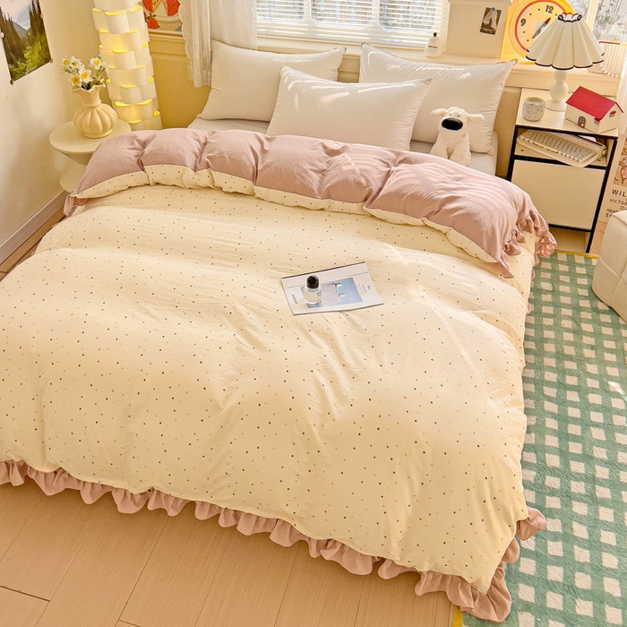 91家纺网 家纺一手货源 找家纺 纽缦家纺 2025新款云感提花双层纱韩版被套 波点世界