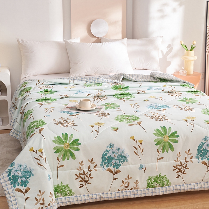 91家纺网 家纺一手货源 找家纺 羽梦家纺2025新款新疆棉花全棉夏凉被 山茶花开绿