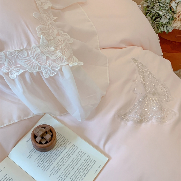 91家纺网 家纺一手货源 找家纺 吾欢心2025新款糯小棉立体蝴蝶花边套件-蝶恋花系列 蝶恋花粉