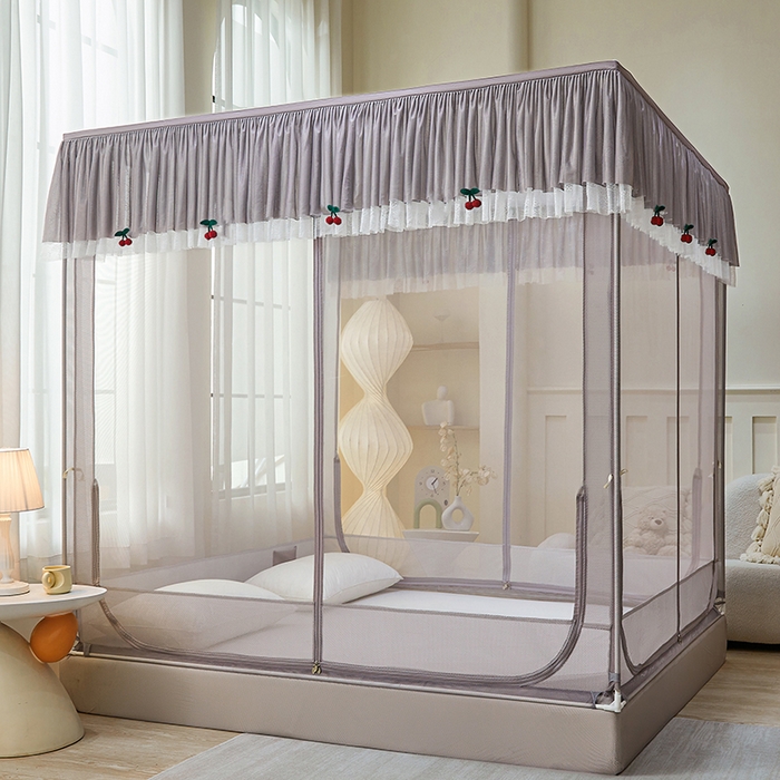 91家纺网 家纺一手货源 找家纺 青竹苑2025新款花边款床笠底防摔坐床蚊帐-樱桃 樱桃-棕咖