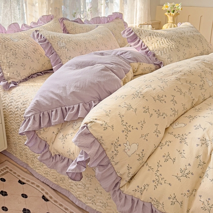 91家纺网 家纺一手货源 找家纺 （总）纽缦家纺2025新款云感提花双层纱床盖韩版四件套