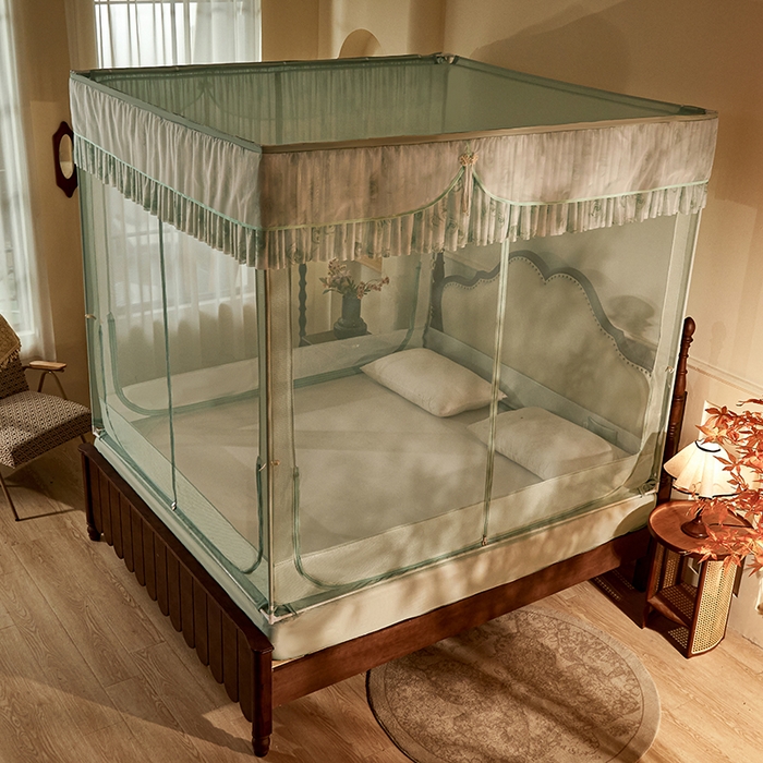 91家纺网 家纺一手货源 找家纺 青竹苑2025新款花边款床笠底防摔坐床蚊帐-雅致 雅致-瓦松绿