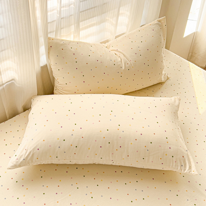 91家纺网 家纺一手货源 找家纺 纽缦家纺 2025新款云感提花双层纱床笠 波点世界