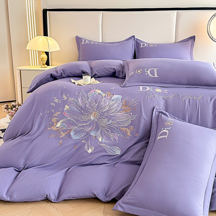 91家纺网 家纺一手货源 找家纺 大麦乐田 2025新款磨毛刺绣四件套 蒂素-梦幻紫