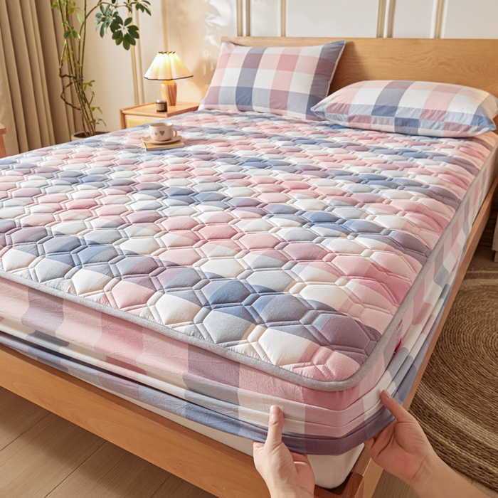 91家纺网 家纺一手货源 找家纺 雪云美2025新款A类全棉色织水洗棉夹棉床笠大豆床罩床垫保护套可定制 英伦 粉