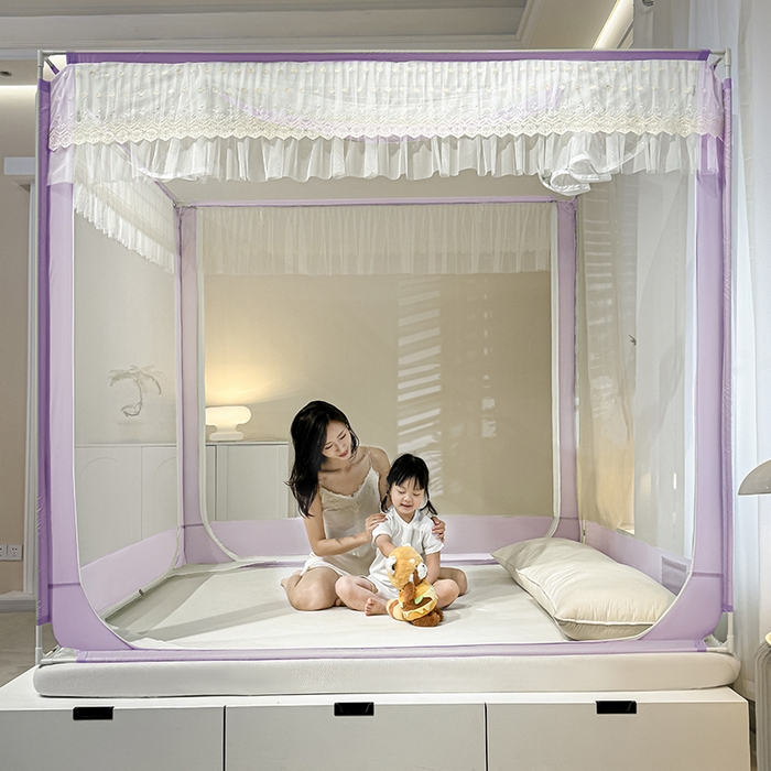 91家纺网 家纺一手货源 找家纺 青竹苑2025新款花边款床笠底防摔坐床蚊帐-铃兰花开 铃兰花开-暗夜紫