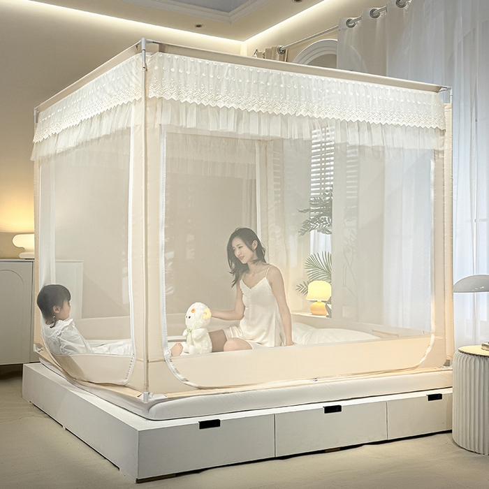 91家纺网 家纺一手货源 找家纺 青竹苑2025新款花边款床笠底防摔坐床蚊帐-铃兰花开 铃兰花开-米色