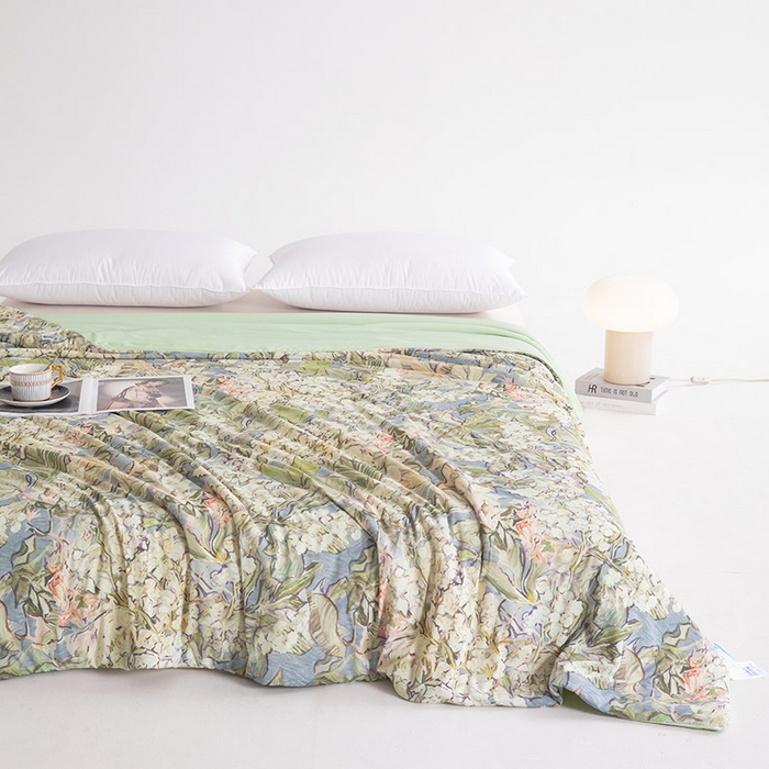 91家纺网 家纺一手货源 找家纺 睡棉坊2025新款数码印花高克重凉感丝夏凉被呱呱被10%大豆纤维填充带质检报告 梵高灰