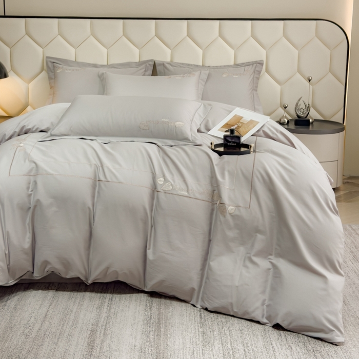 91家纺网 家纺一手货源 找家纺 U品汇  2025新款纯棉全棉长绒棉刺绣绣花高端礼盒四件套-叶夕 花晨叶夕-银灰