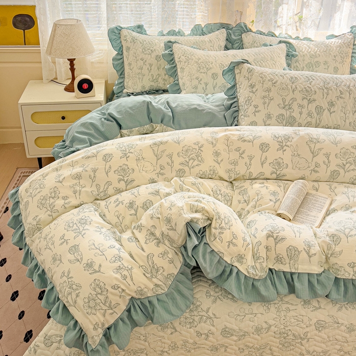 91家纺网 家纺一手货源 找家纺 纽缦家纺2025新款云感提花双层纱床盖韩版四件套 海像森林