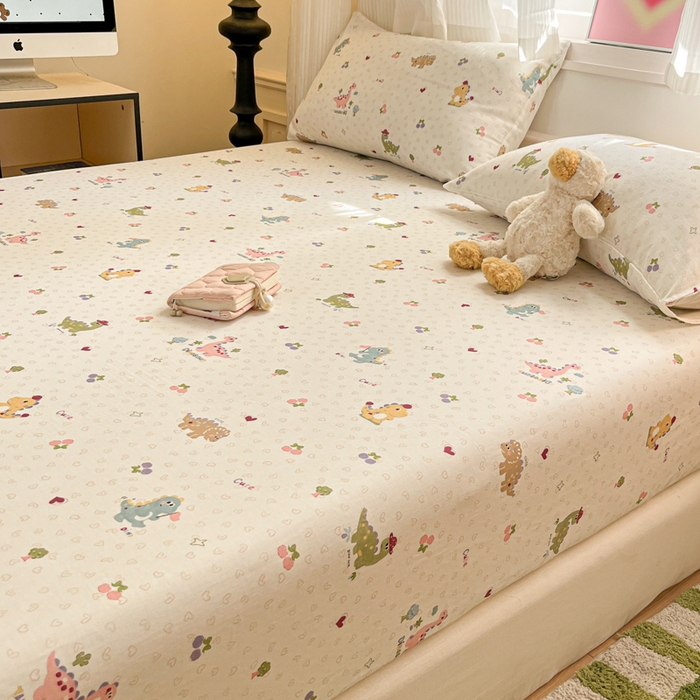 91家纺网 家纺一手货源 找家纺 博雅 2025新款全棉A类双层纱床笠 萌趣龙宝