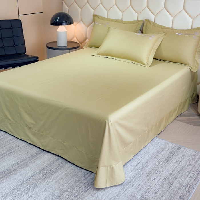 91家纺网 家纺一手货源 找家纺 U品汇  2025新款纯棉全棉长绒棉刺绣绣花高端礼盒四件套-叶夕 花晨叶夕-浅豆绿