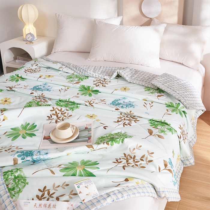 91家纺网 家纺一手货源 找家纺 羽梦家纺2025新款新疆棉花全棉夏凉被 山茶花开绿