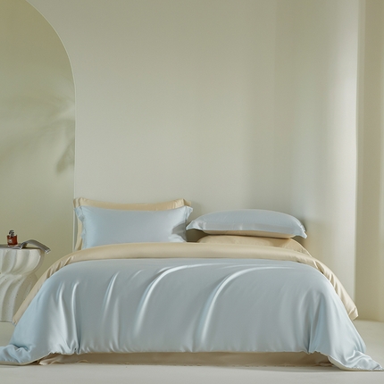 618家纺 2025新款60SA类100支简约双拼系列进口兰精天丝四件套 天丝双拼米蓝