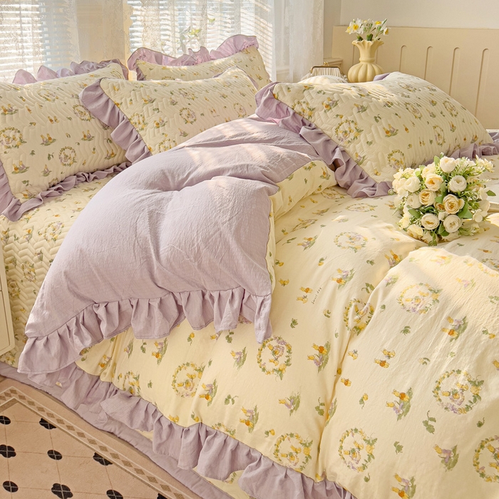 91家纺网 家纺一手货源 找家纺 纽缦家纺2025新款云感提花双层纱床盖韩版四件套 兔子的欢喜