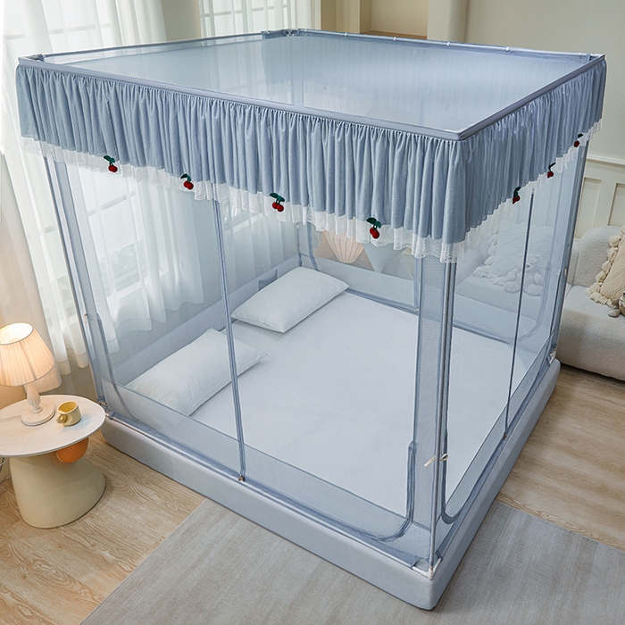 91家纺网 家纺一手货源 找家纺 青竹苑2025新款花边款床笠底防摔坐床蚊帐-樱桃 樱桃-蓝灰