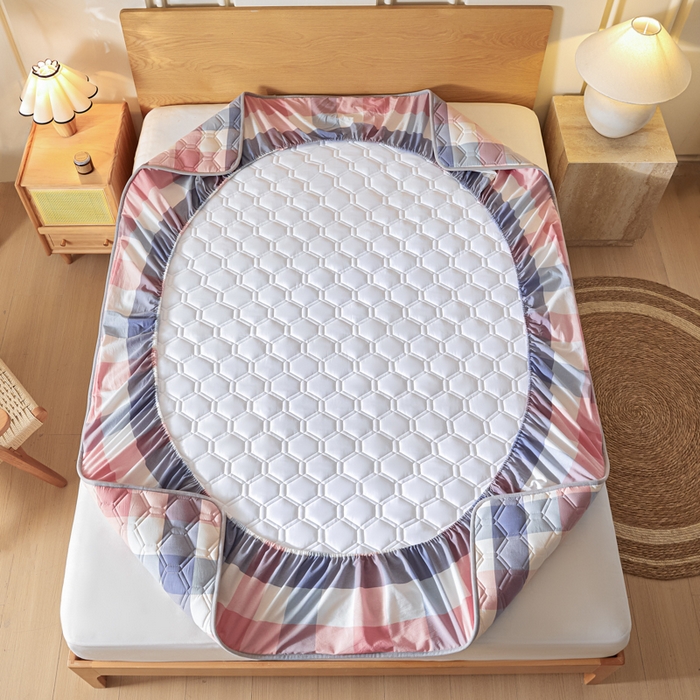 91家纺网 家纺一手货源 找家纺 雪云美2025新款A类全棉色织水洗棉夹棉床笠大豆床罩床垫保护套可定制 英伦 粉