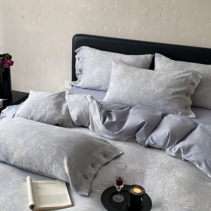 91家纺网 家纺一手货源 找家纺 旷野 2025新款全棉色织提花四件套 雾凇-蓝