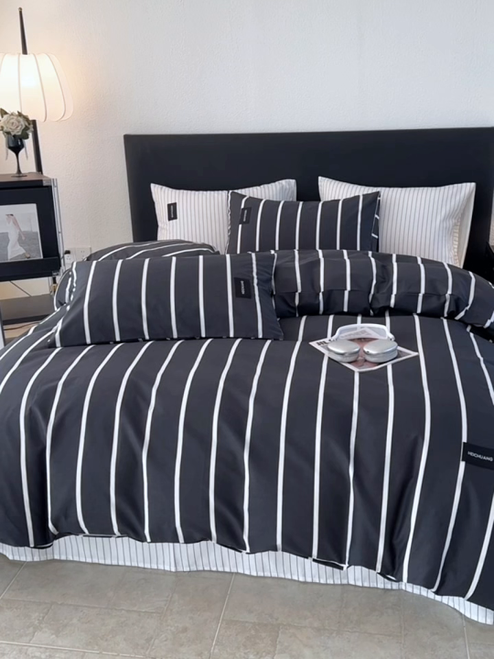 91家纺网 家纺一手货源 找家纺 简宜家居（朝初家纺） 2025新款简约纯棉四件套 暗影黑