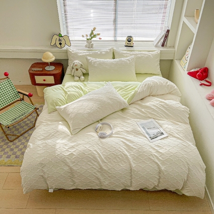 91家纺网 家纺一手货源 找家纺 麒东家纺  2025年新款水洗棉春夏菱形格双拼小清新高品质四件套 菱形格-白绿