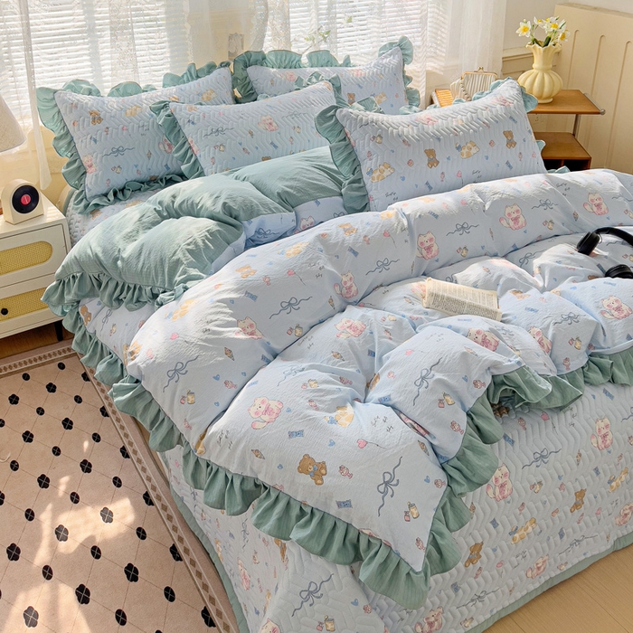 91家纺网 家纺一手货源 找家纺 纽缦家纺2025新款云感提花双层纱床盖韩版四件套 小猫时光蓝