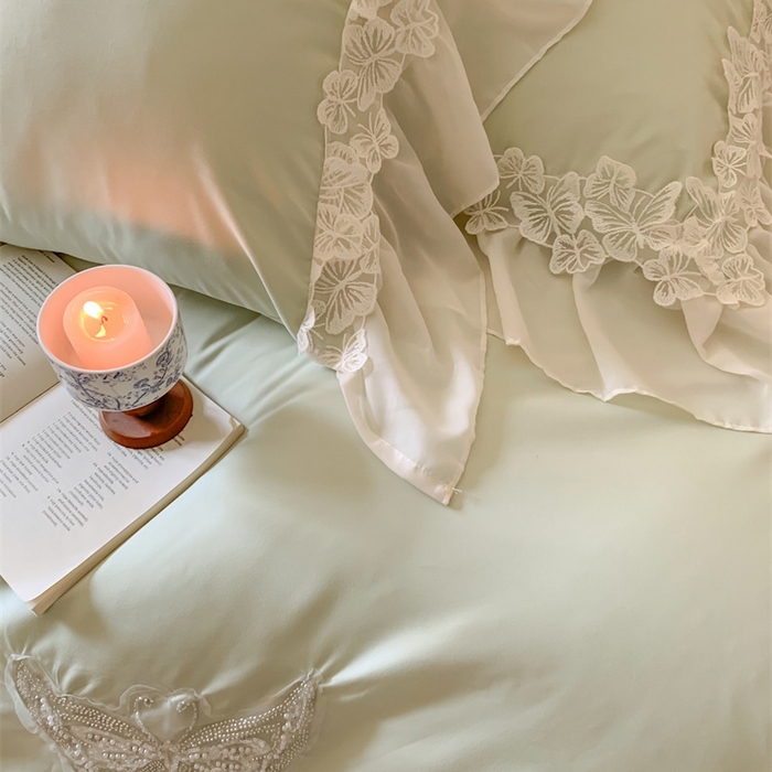 91家纺网 家纺一手货源 找家纺 吾欢心2025新款糯小棉立体蝴蝶花边套件-蝶恋花系列 蝶恋花绿